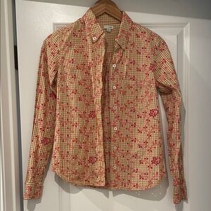 Anthropologie Odille Tan and Pink Checkered Eyelet button down shirt size 2